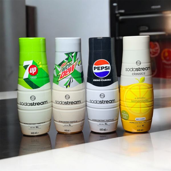 Набір сиропів Sodastream ZERO  4 штуки 4x 7up zero,PEPSI ZERO CUKRU,lemoniada bez cukru,diet mtn DEW 440 ml*4