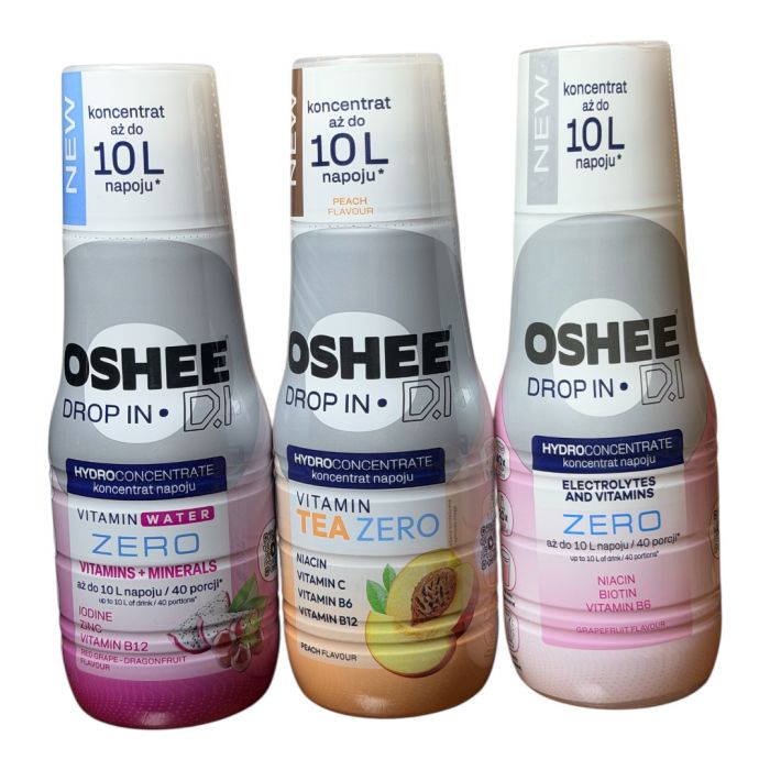 Набір Гідроконцентрованих вітамінних  напоїв OSHEE DROP IN ZERO  3*500мл на 10 л води Червоний виноград, Персик і Грейпфрут