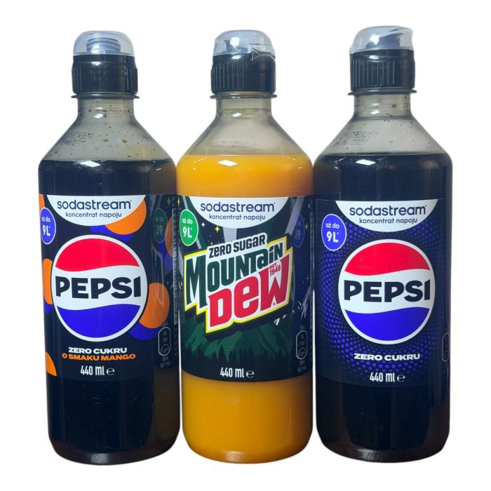 Набір сиропів Sodastream ZERO 3 шт,PEPSI MANGO(без цукру),MOUNTAIN DEW DIET (без цукру),PEPSI (без цукру)