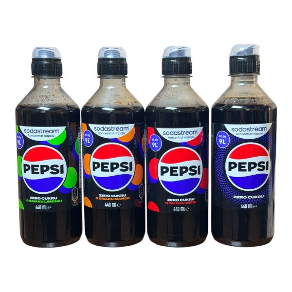 Набір сиропів Sodastream PEPSI ZERO 4 штуки PEPSI lime,PEPSI mango,PEPSI cherry,PEPSI zero 440ml*4