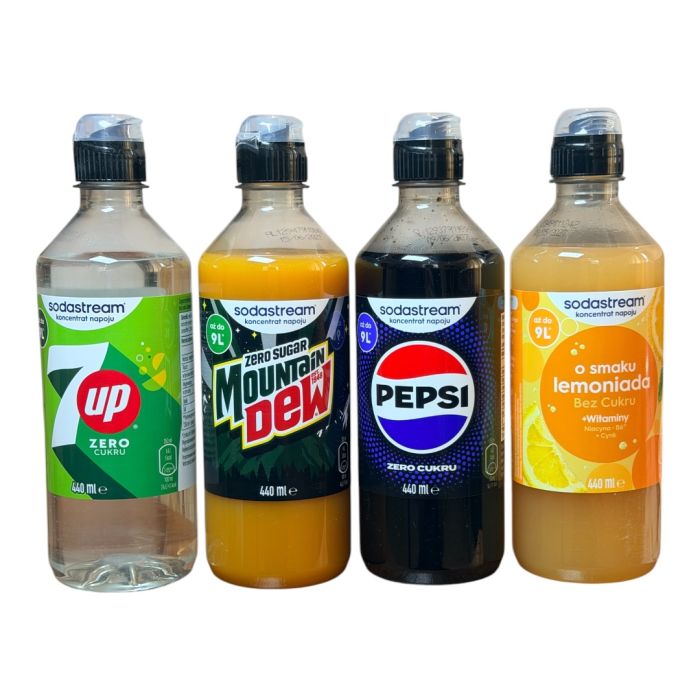 Набір сиропів Sodastream ZERO  4 штуки 4x 7up zero,PEPSI ZERO CUKRU,lemoniada bez cukru,diet mtn DEW 440 ml*4