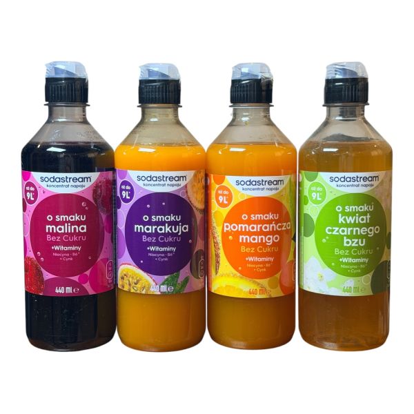 Набір фруктових сиропів Sodastream 4 штуки Malina, marakuja, pomarancza mango, kwiat czarnego bzu 440ml*4