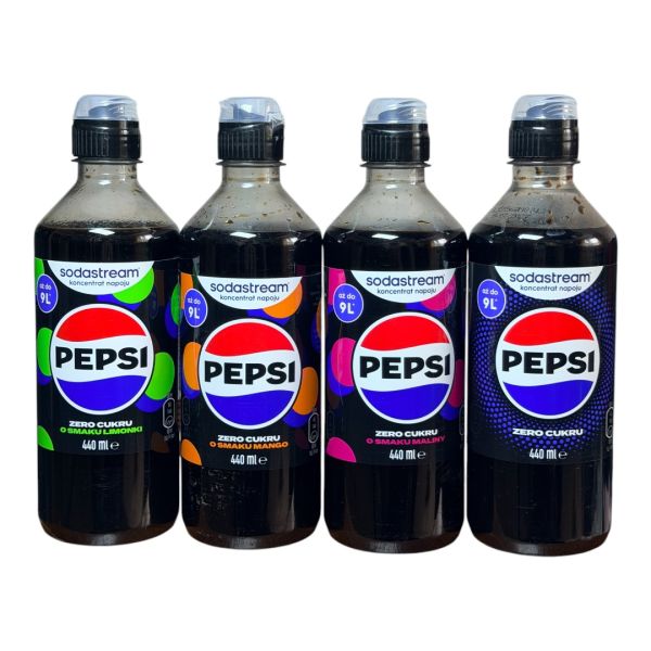 Набір сиропів Sodastream PEPSI ZERO 4 штуки PEPSI lime,PEPSI mango,PEPSI malina,PEPSI zero 440ml*4